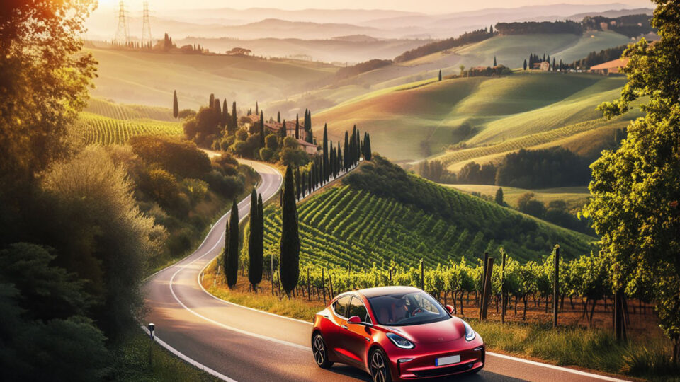 Auto elettrica su un paesaggio italiano - Bing Image Creator